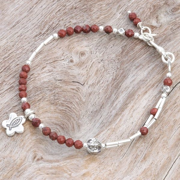 Alternate image for Two-Carat Jasper and Silver Beaded Fish Charm Bracelet Prosperous Strength