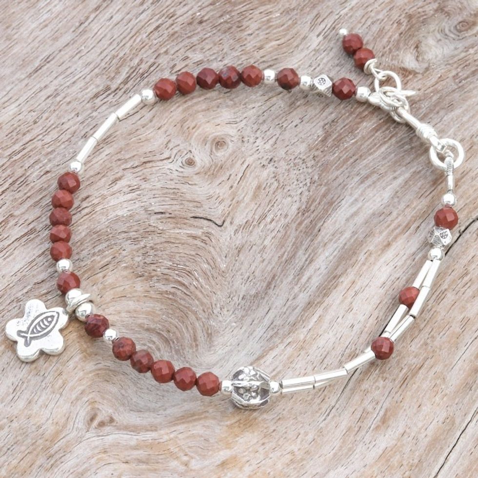 Two-Carat Jasper and Silver Beaded Fish Charm Bracelet 'Prosperous Strength'