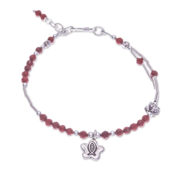 Alternate image for Two-Carat Jasper and Silver Beaded Fish Charm Bracelet Prosperous Strength