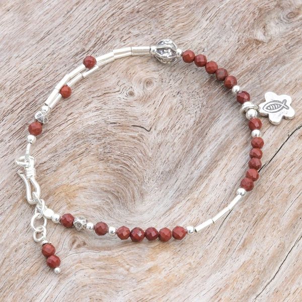 Alternate image for Two-Carat Jasper and Silver Beaded Fish Charm Bracelet Prosperous Strength