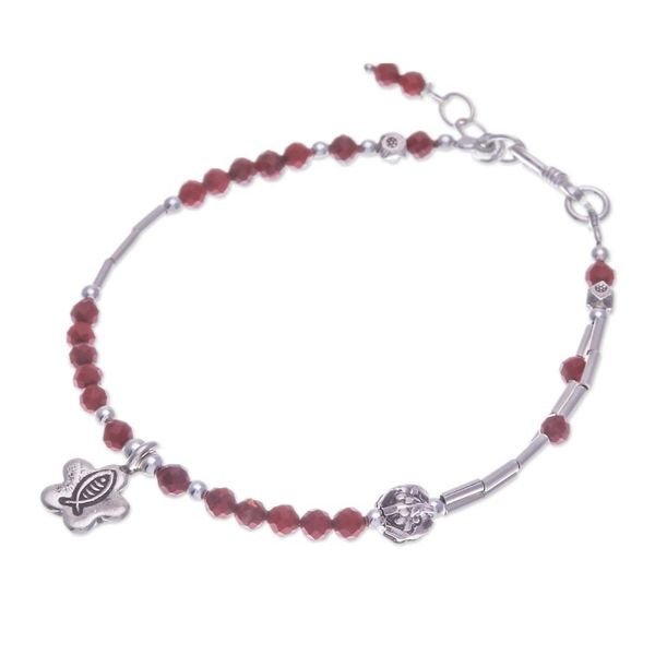 Alternate image for Two-Carat Jasper and Silver Beaded Fish Charm Bracelet Prosperous Strength