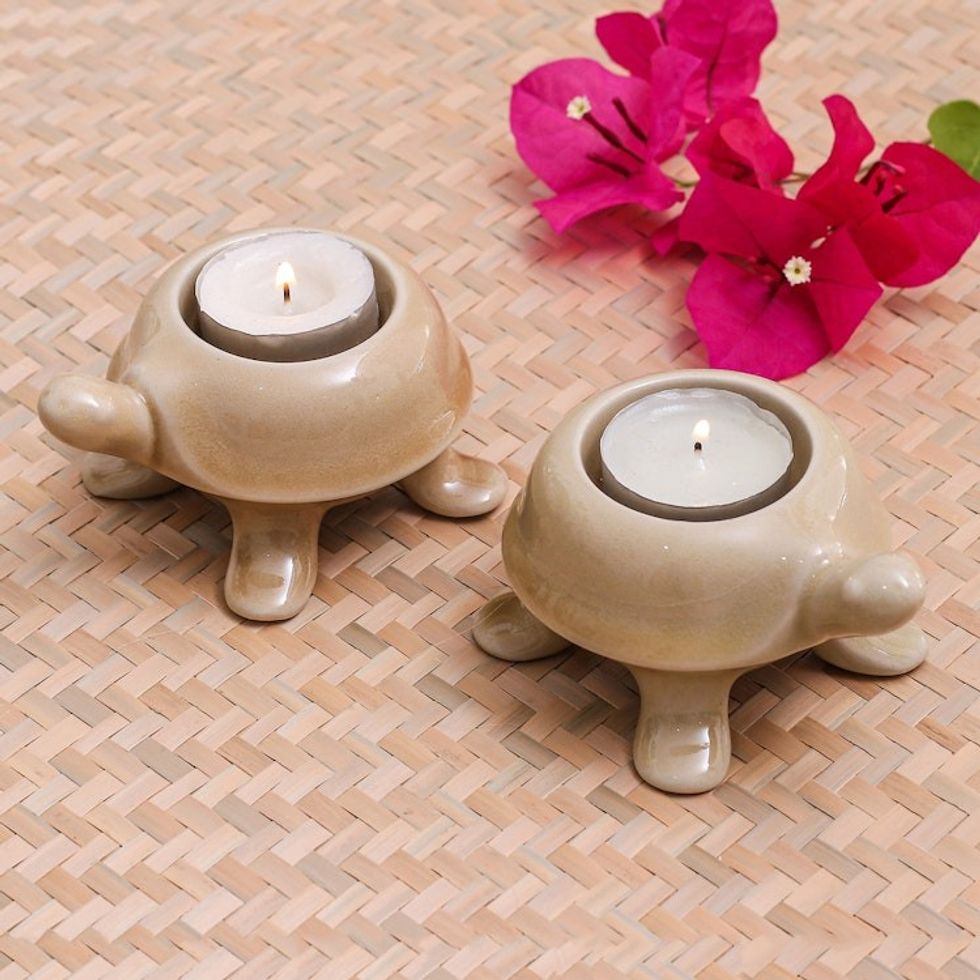 Handmade Turtle Ceramic Candleholders in a Brown Hue Pair 'Warm Guide'