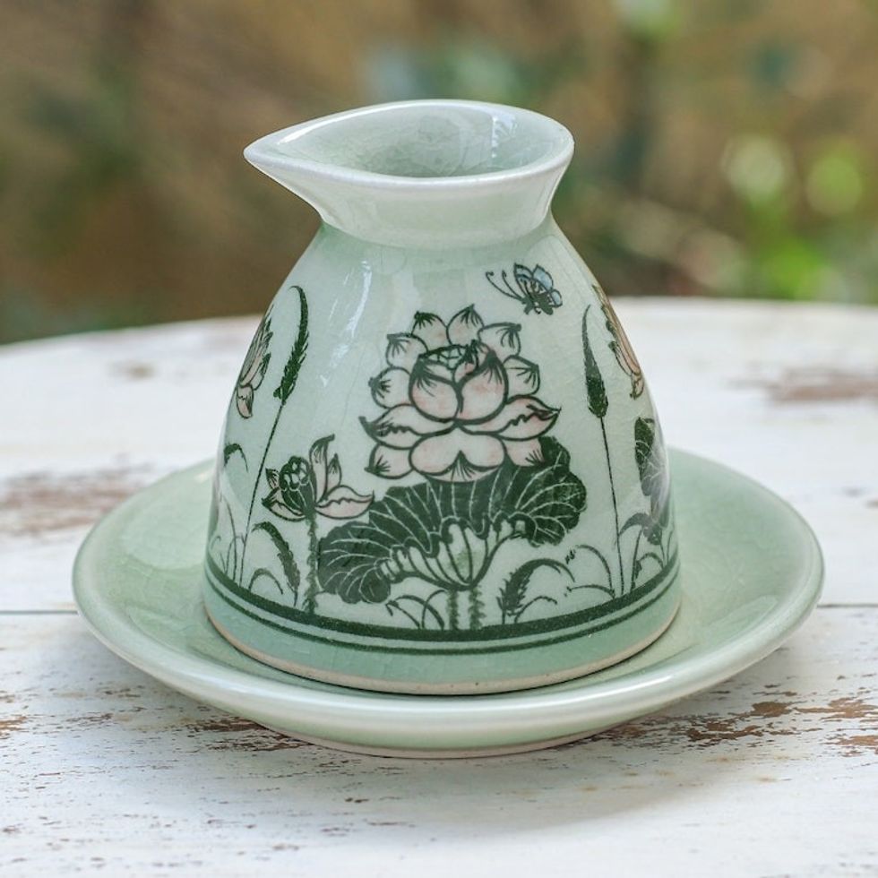 Green Celadon Ceramic Milk Pitcher and Saucer with Flowers 'Luxuriant Lotus'