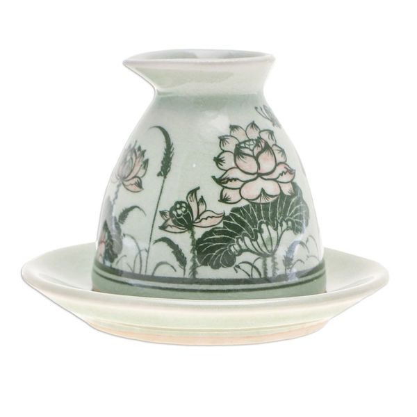 Alternate image for Green Celadon Ceramic Milk Pitcher and Saucer with Flowers Luxuriant Lotus