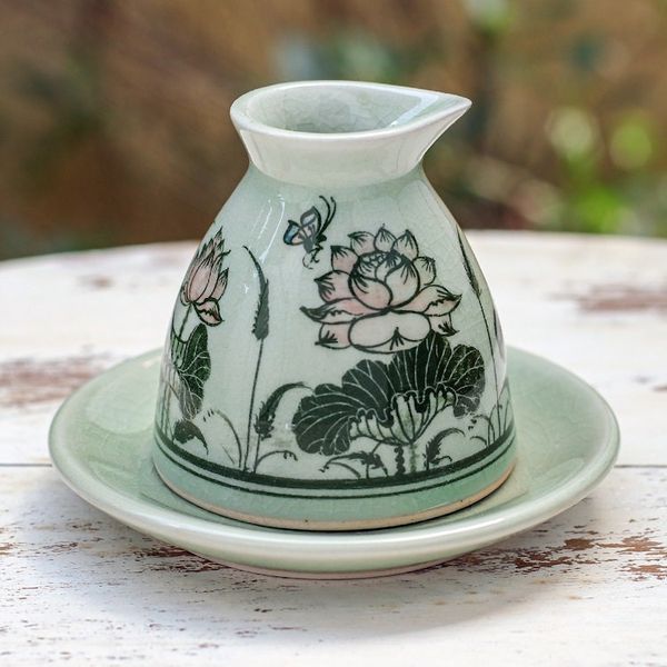 Alternate image for Green Celadon Ceramic Milk Pitcher and Saucer with Flowers Luxuriant Lotus