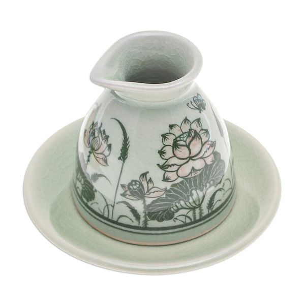Alternate image for Green Celadon Ceramic Milk Pitcher and Saucer with Flowers Luxuriant Lotus
