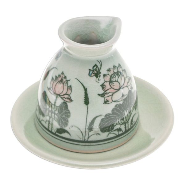 Alternate image for Green Celadon Ceramic Milk Pitcher and Saucer with Flowers Luxuriant Lotus