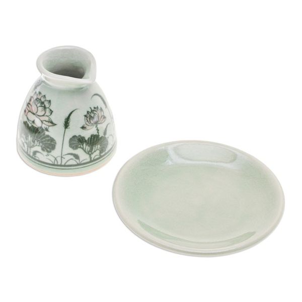 Alternate image for Green Celadon Ceramic Milk Pitcher and Saucer with Flowers Luxuriant Lotus