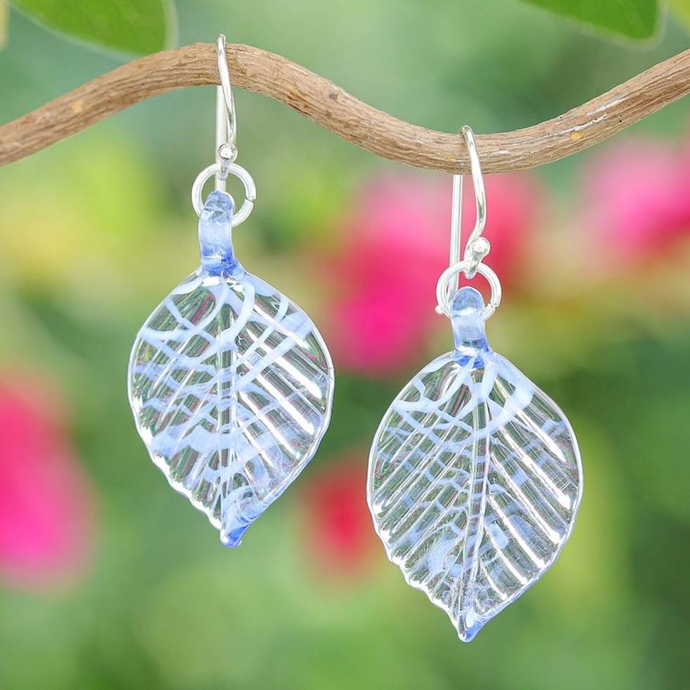 Handblown Striped Blue and Clear Glass Leaf Dangle Earrings 'Heavenly Foliage'