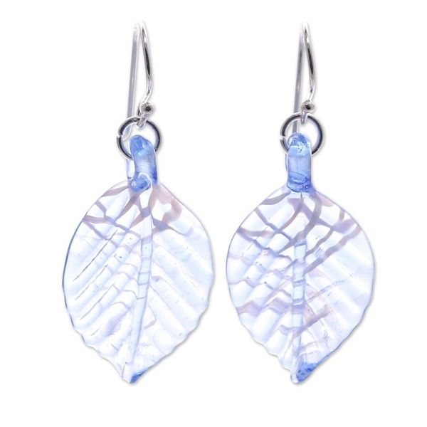 Alternate image for Handblown Striped Blue and Clear Glass Leaf Dangle Earrings Heavenly Foliage
