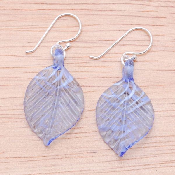 Alternate image for Handblown Striped Blue and Clear Glass Leaf Dangle Earrings Heavenly Foliage