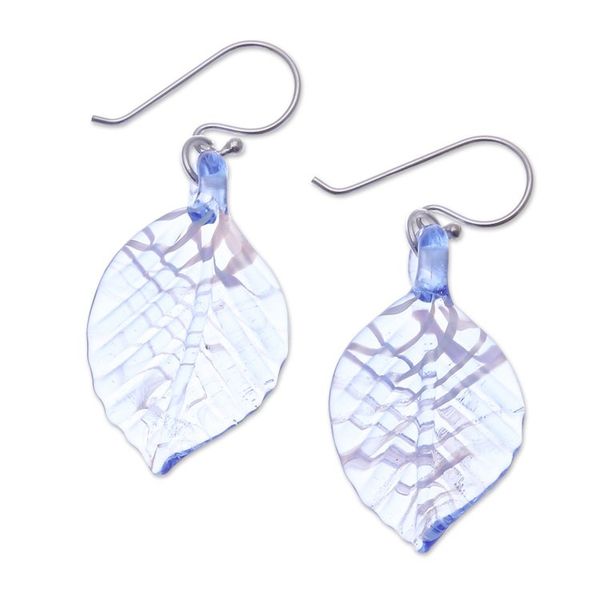 Alternate image for Handblown Striped Blue and Clear Glass Leaf Dangle Earrings Heavenly Foliage