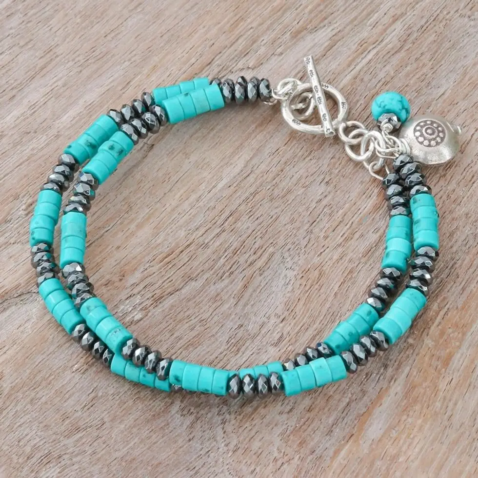 Hematite and Recon Turquoise Beaded Bracelet with Charms 'Spaced Energies'