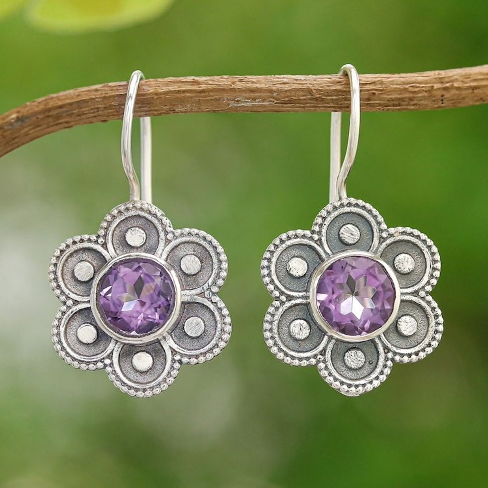 Polished Flower-Shaped Amethyst Drop Earrings 'Wise Bloom'