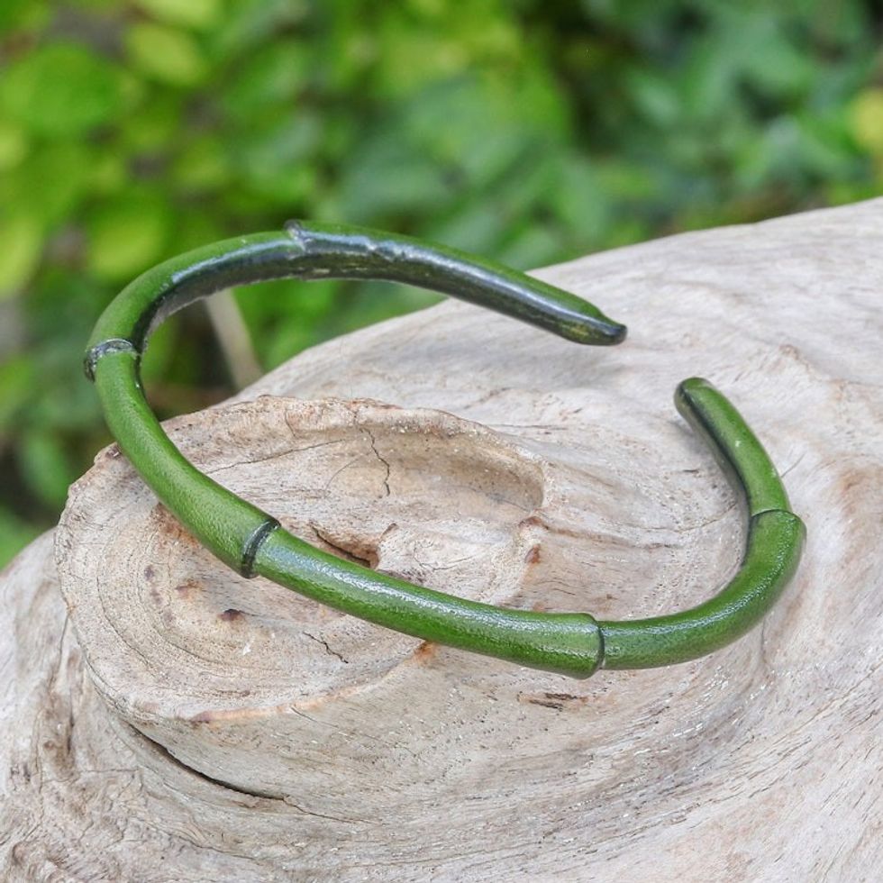 Bamboo-Inspired Adjustable Green Leather Cuff Bracelet 'Harmonious Bamboo'
