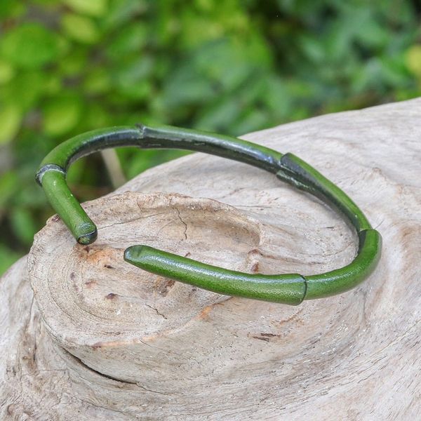 Alternate image for Bamboo-Inspired Adjustable Green Leather Cuff Bracelet Harmonious Bamboo