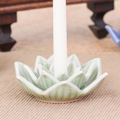 Main image for Celadon Ceramic Green Candle Holder Handmade in Thailand Lotus Flower in Green