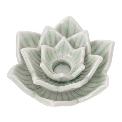 Alternate image for Celadon Ceramic Green Candle Holder Handmade in Thailand Lotus Flower in Green