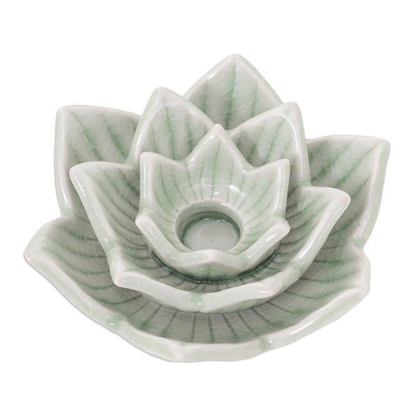 Alternate image for Celadon Ceramic Green Candle Holder Handmade in Thailand Lotus Flower in Green