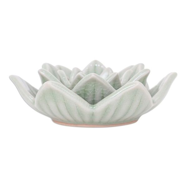 Alternate image for Celadon Ceramic Green Candle Holder Handmade in Thailand Lotus Flower in Green