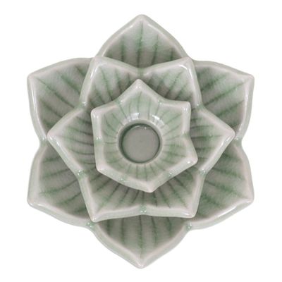 Alternate image for Celadon Ceramic Green Candle Holder Handmade in Thailand Lotus Flower in Green