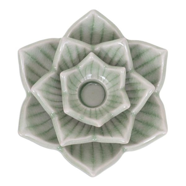 Alternate image for Celadon Ceramic Green Candle Holder Handmade in Thailand Lotus Flower in Green