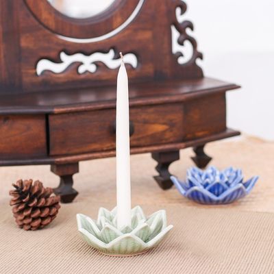 Alternate image for Celadon Ceramic Green Candle Holder Handmade in Thailand Lotus Flower in Green