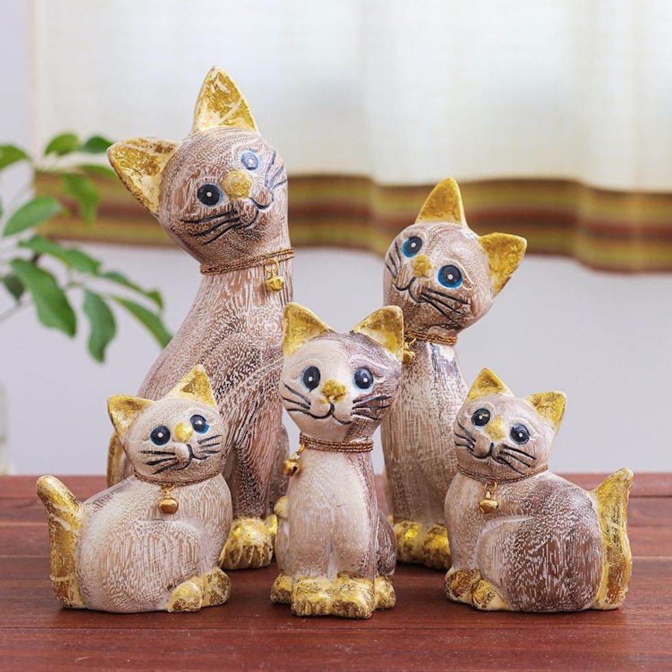Set of 5 Hand-Carved Wood Cat Sculptures from Thailand 'Feline Gathering'