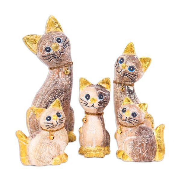 Alternate image for Set of 5 Hand-Carved Wood Cat Sculptures from Thailand Feline Gathering