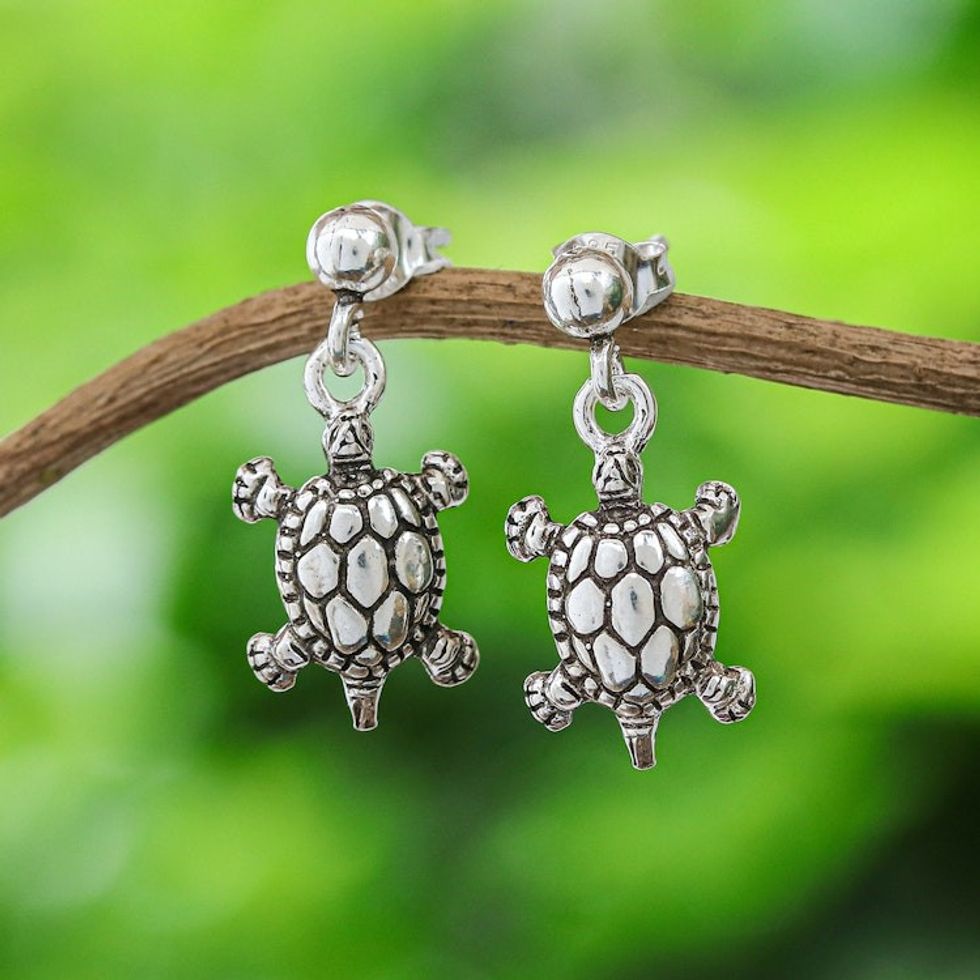 Sterling Silver Turtle Dangle Earrings with Oxidized Finish 'Traditional Shells'