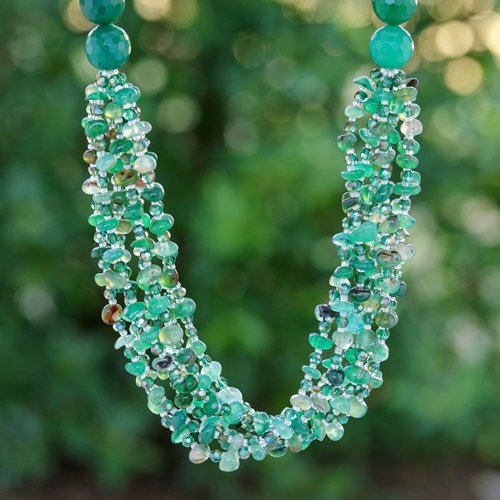 Green-Toned Chalcedony and Glass Beaded Strand Necklace 'Thoughtful Jewels'