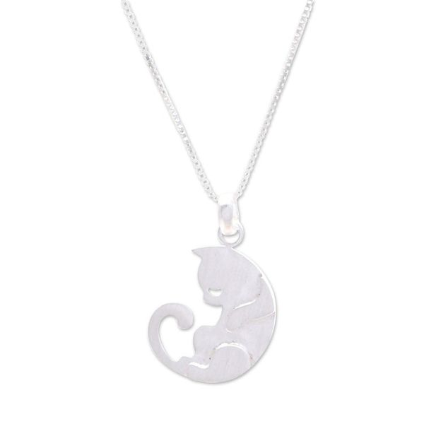 Alternate image for 925 Silver Cat Pendant Necklace with Brushed-Satin Finish Lazy Cat