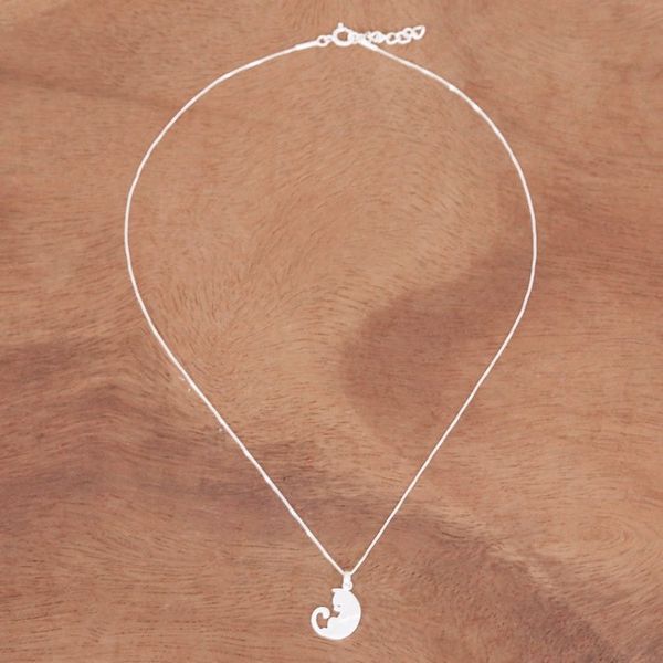Alternate image for 925 Silver Cat Pendant Necklace with Brushed-Satin Finish Lazy Cat