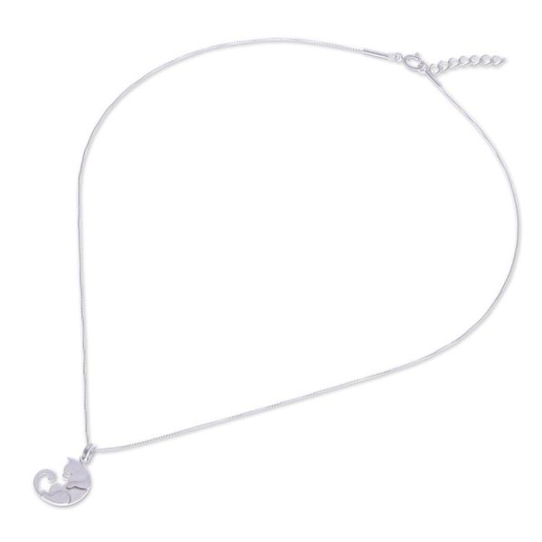 Alternate image for 925 Silver Cat Pendant Necklace with Brushed-Satin Finish Lazy Cat
