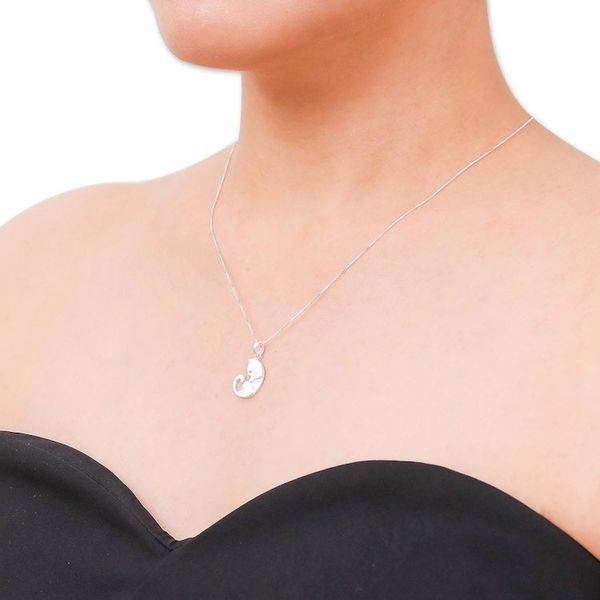 Alternate image for 925 Silver Cat Pendant Necklace with Brushed-Satin Finish Lazy Cat