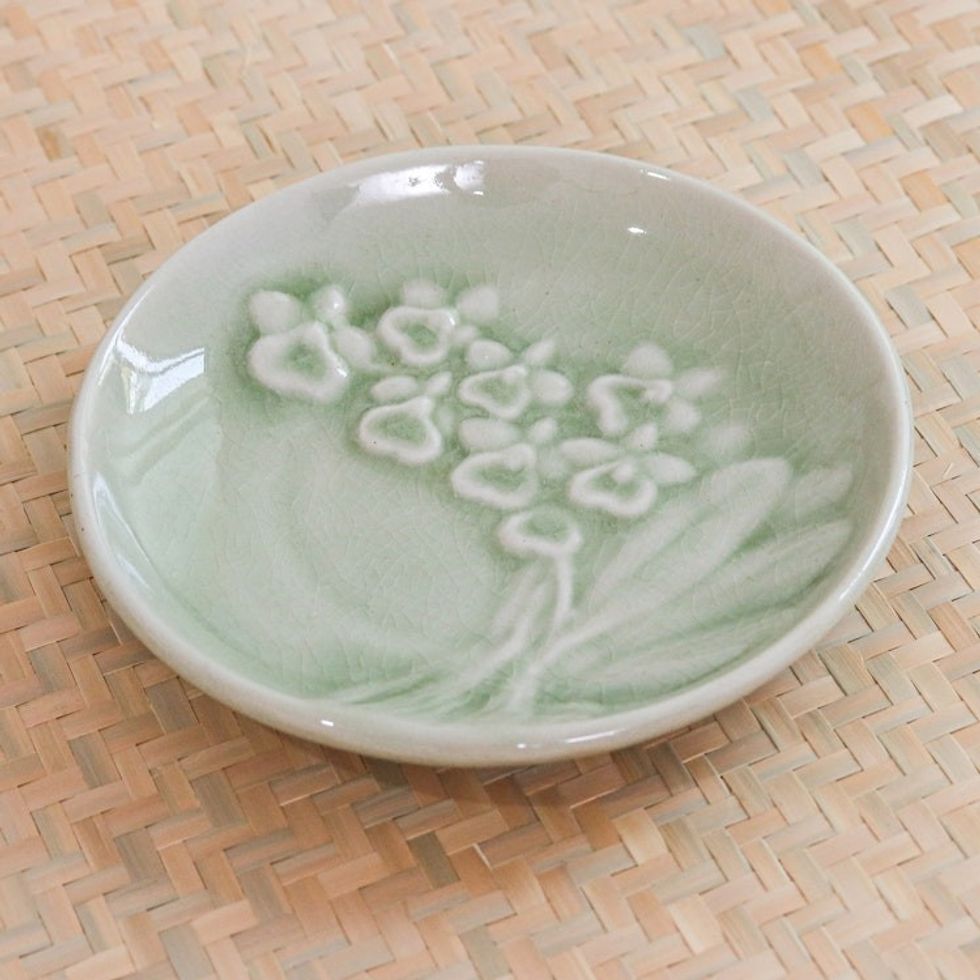 Handcrafted Celadon Dessert Plate 'Orchid Bouquet'