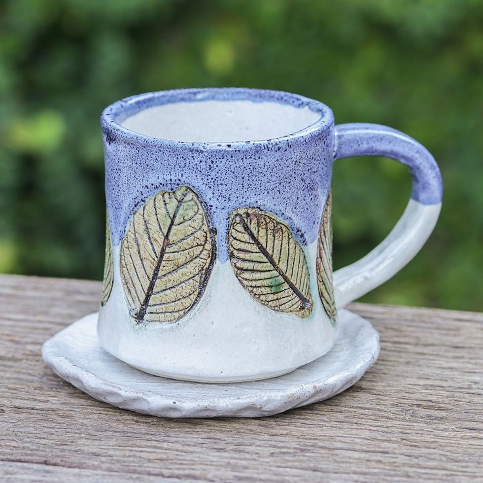 Handcrafted Ceramic Mug and Saucer Set with Leaf Motif 'Charming Leaves'