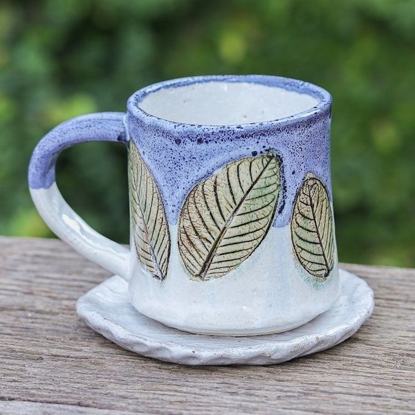 Alternate image for Handcrafted Ceramic Mug and Saucer Set with Leaf Motif Charming Leaves
