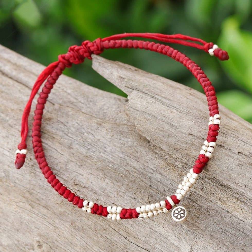 Thai Silver Pendant Beaded Macrame Bracelet in Red 'Petite Flower in Red'