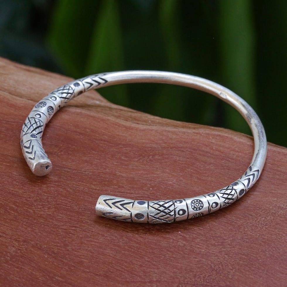 Hill Tribe-Themed Sterling Silver Cuff Bracelet 'Ancestral Halo'