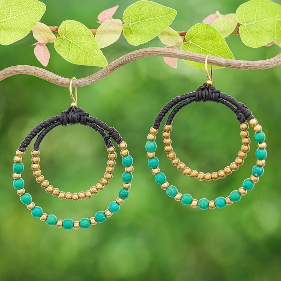 Magnesite and Brass Beaded Double Hoop Dangle Earrings 'Sea Green Glam'