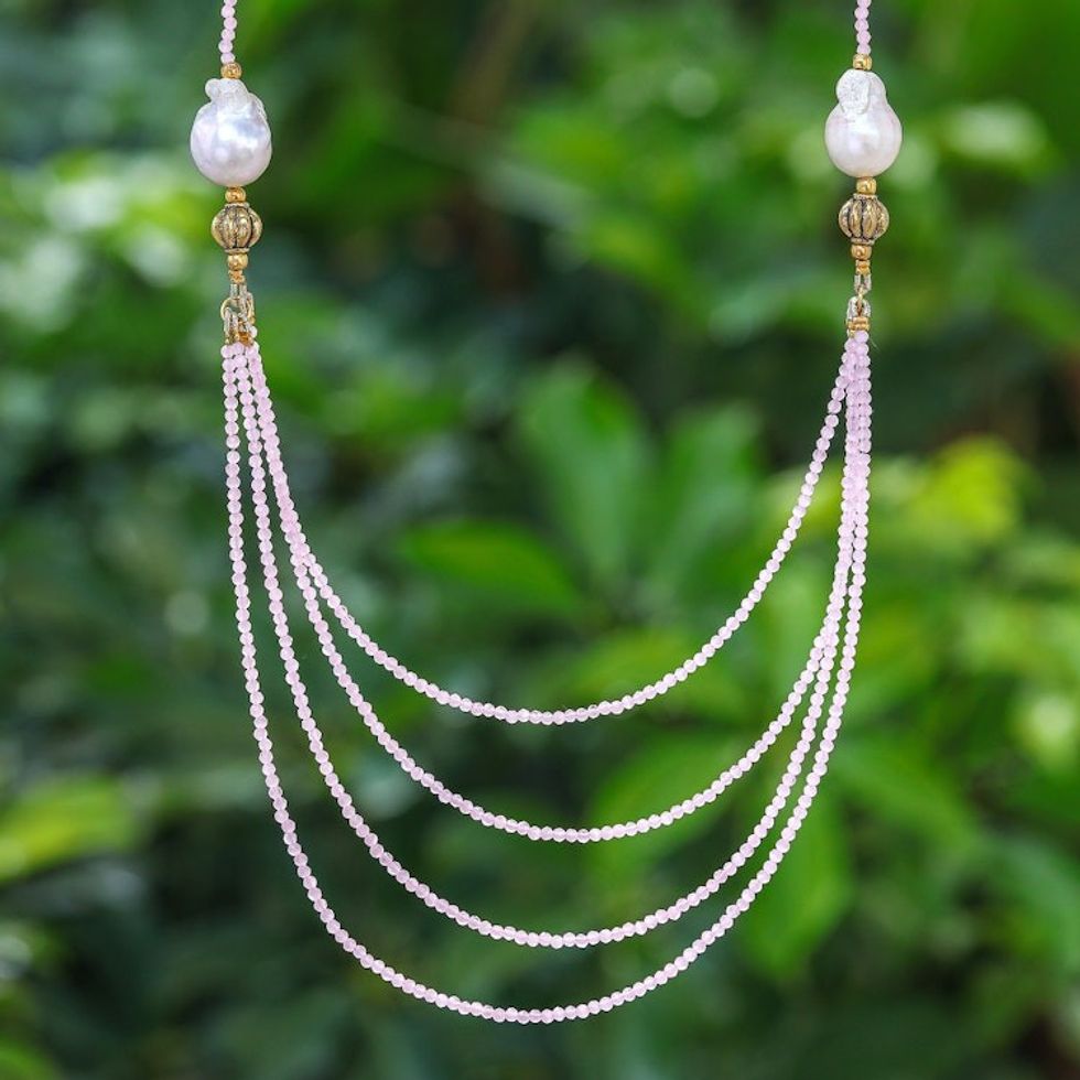 18k Gold-Accented Pearl and Rose Quartz Pendant Necklace 'Icy Shores in Pink'