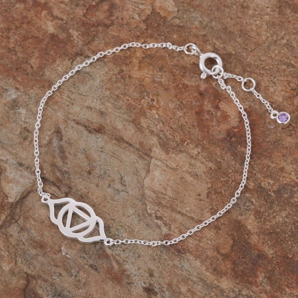 Sterling Silver Pendant Bracelet with Purple Cubic Zirconia 'Purple Third Eye'