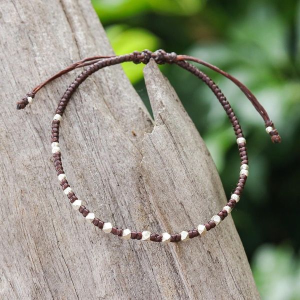 Alternate image for Handcrafted Brown Adjustable Bracelet with Silver Beads Youthful Geometry