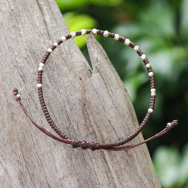 Alternate image for Handcrafted Brown Adjustable Bracelet with Silver Beads Youthful Geometry
