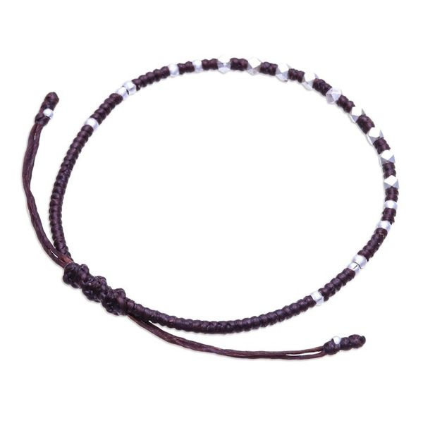 Alternate image for Handcrafted Brown Adjustable Bracelet with Silver Beads Youthful Geometry
