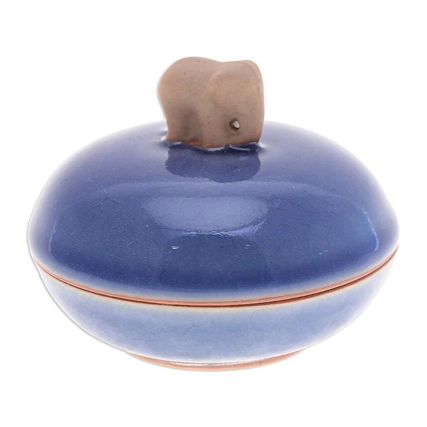 Alternate image for Blue Handmade Celadon Ceramic Elephant-Themed Decorative Jar Elephant Radiance