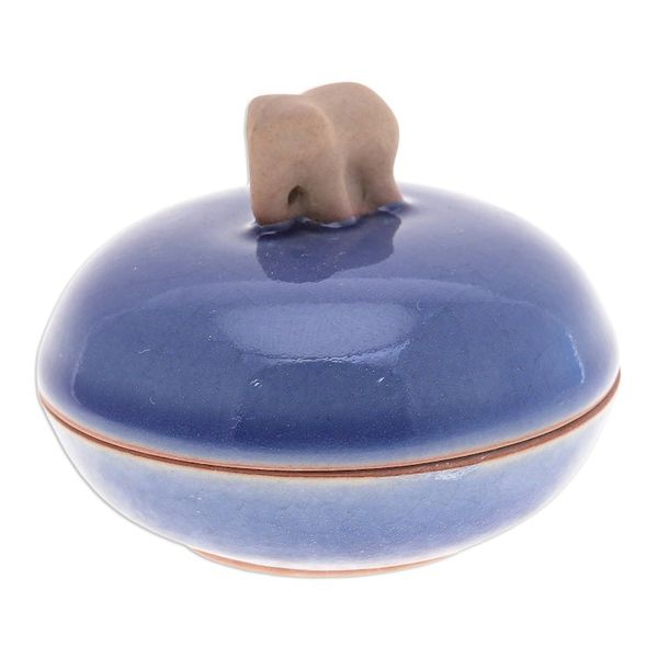 Alternate image for Blue Handmade Celadon Ceramic Elephant-Themed Decorative Jar Elephant Radiance