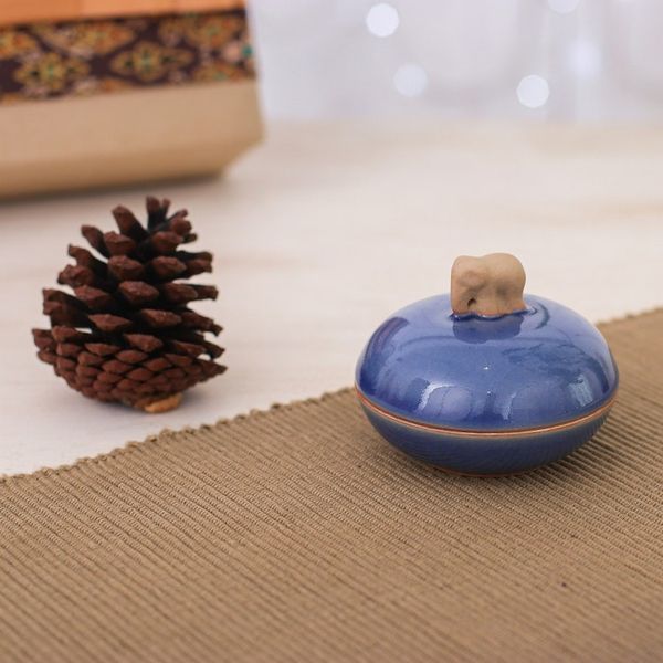 Alternate image for Blue Handmade Celadon Ceramic Elephant-Themed Decorative Jar Elephant Radiance