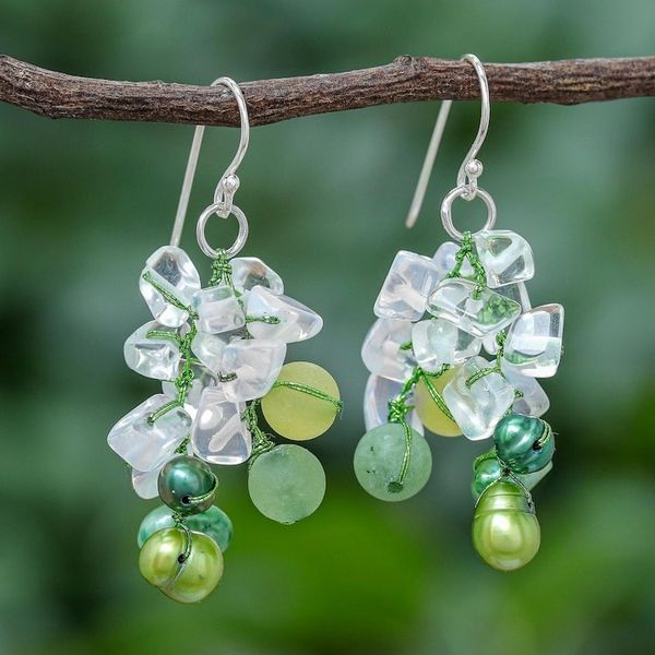 Alternate image for Green Cultured Pearl and Rainbow Moonstone Dangle Earrings Eye Candy in Green